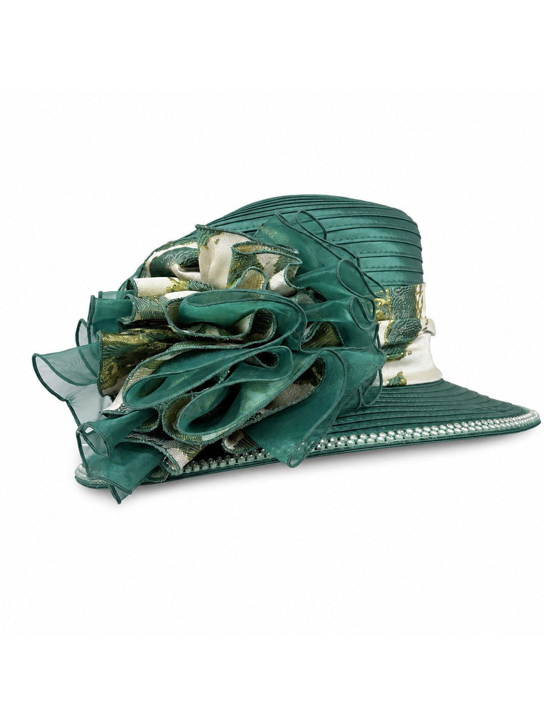 Regal Ruffle Brocade Med-Brim Hat w/ Crystal Trim