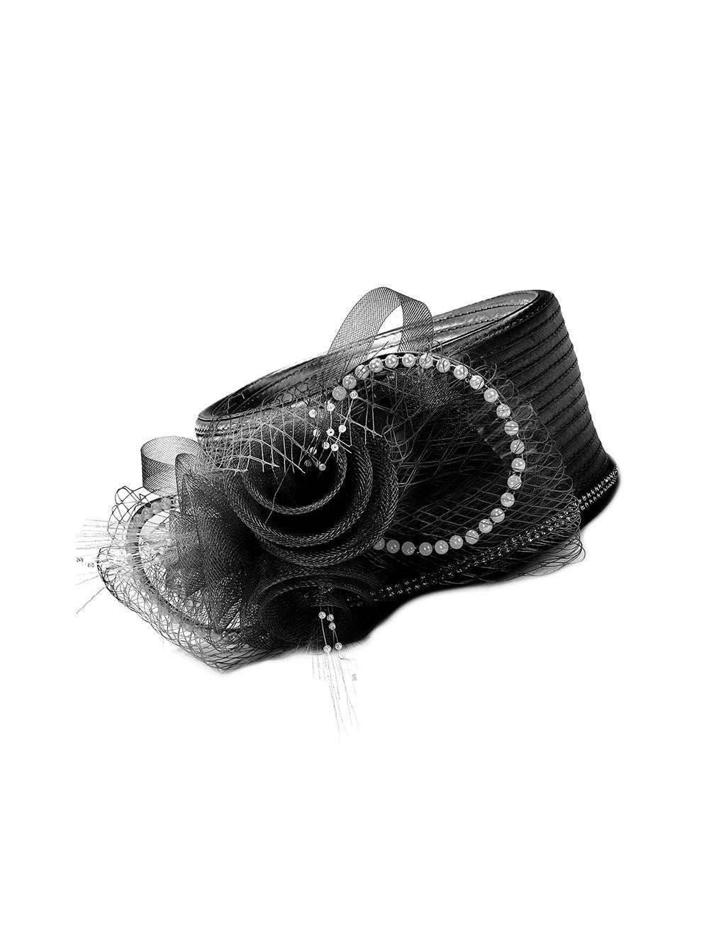 Satin Ribbon Pillbox w/ Mesh Flower and Rhinestone