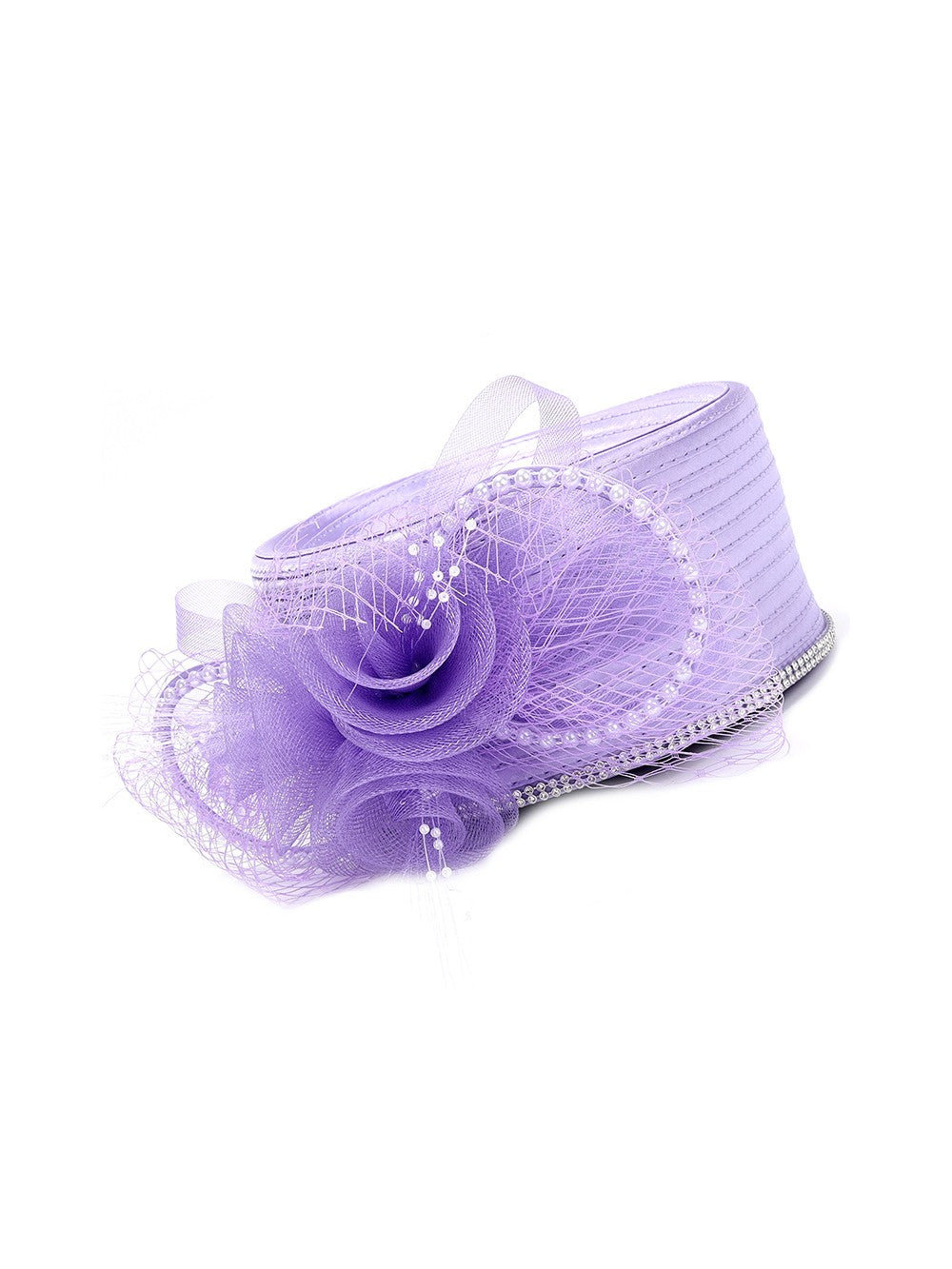 Satin Ribbon Pillbox w/ Mesh Flower and Rhinestone