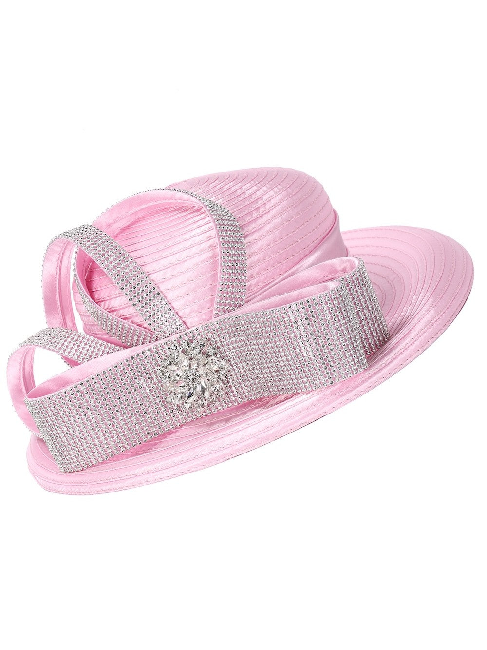Rhinestone Sash Bow&Crystal Brooch Wide-Brim Hat