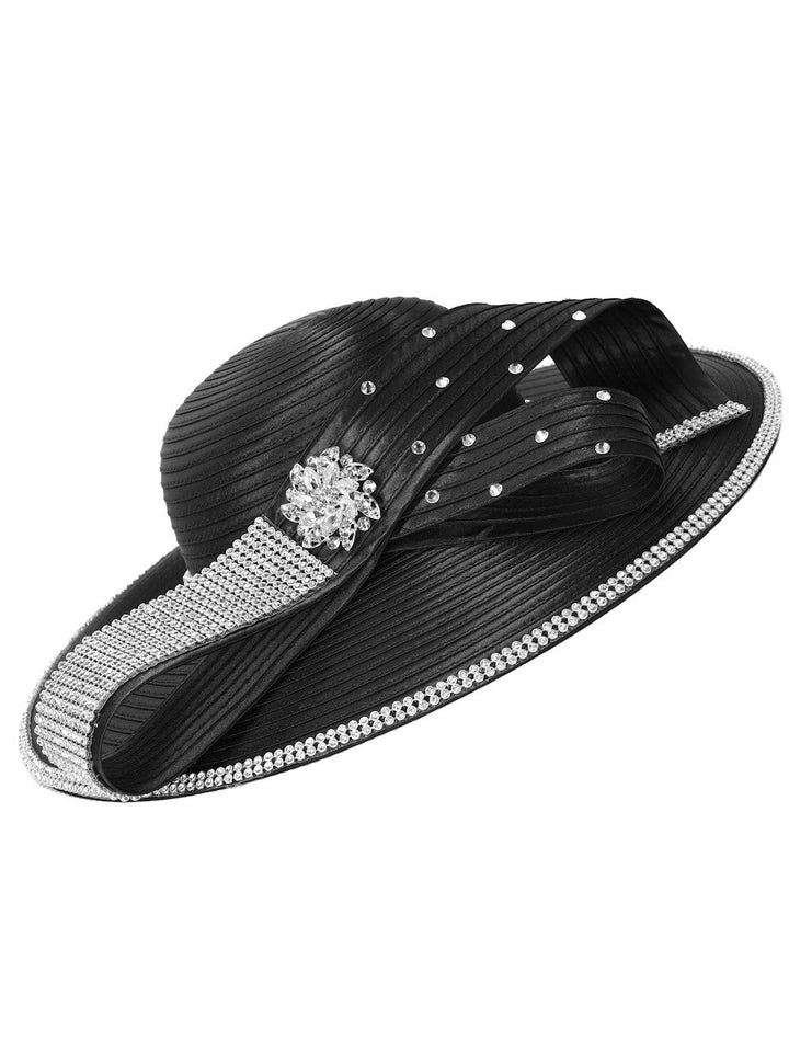 Satin Crystal Loop&Rhinestone Trim Wide-Brim Hat