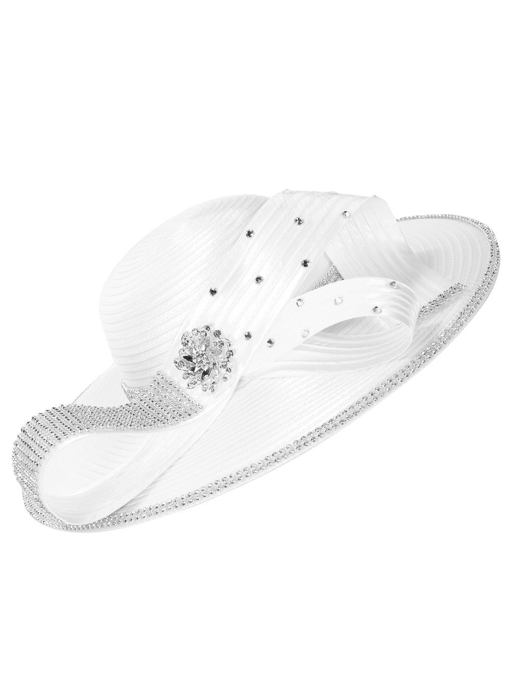Satin Crystal Loop&Rhinestone Trim Wide-Brim Hat