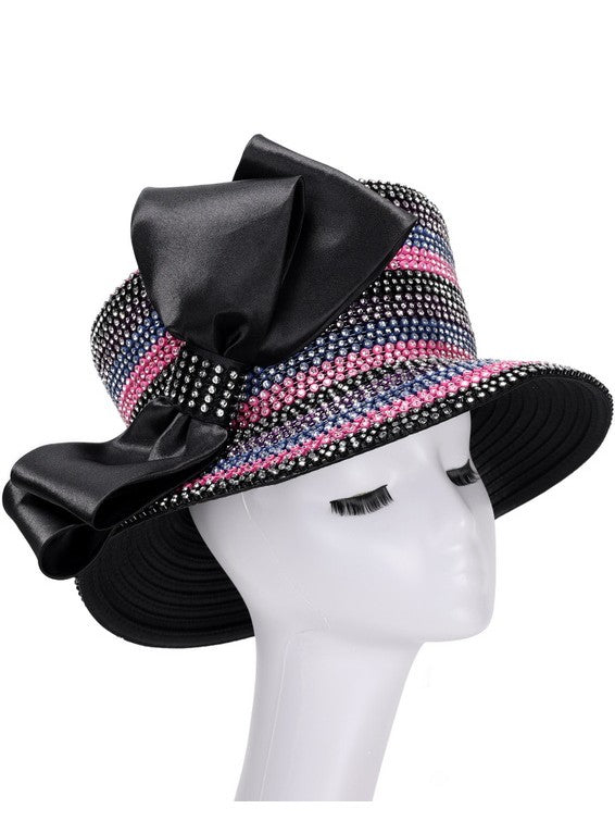 Rhinestone Striped Bow Wide-Brim Couture Hat