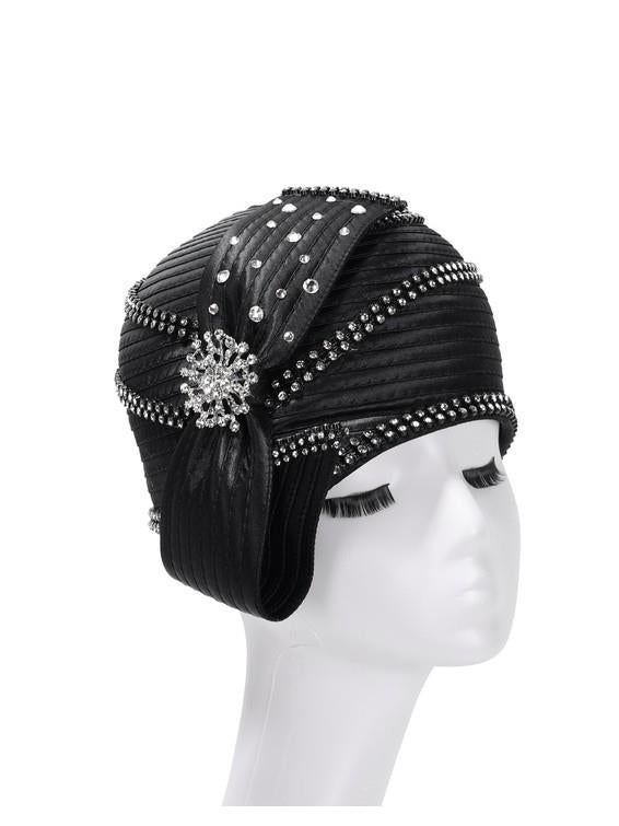 Round Ribbon Hat w/ Brooch and Rhinestoned Strip