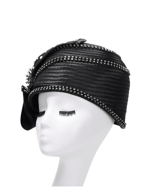 Round Ribbon Hat w/ Brooch and Rhinestoned Strip