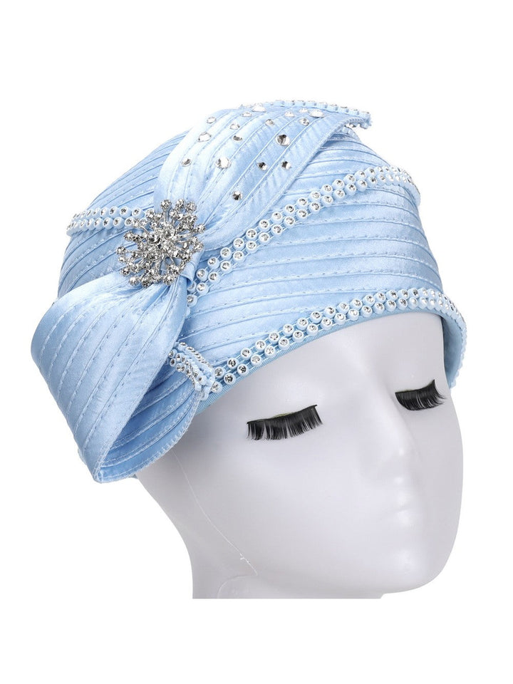 Round Ribbon Hat w/ Brooch and Rhinestoned Strip