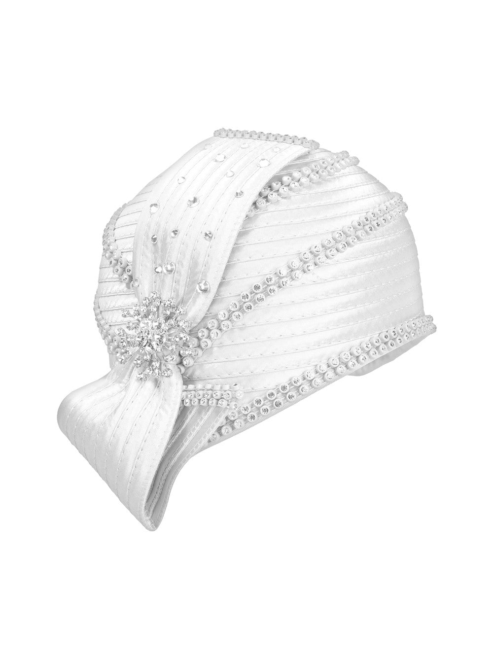 Round Ribbon Hat w/ Brooch and Rhinestoned Strip