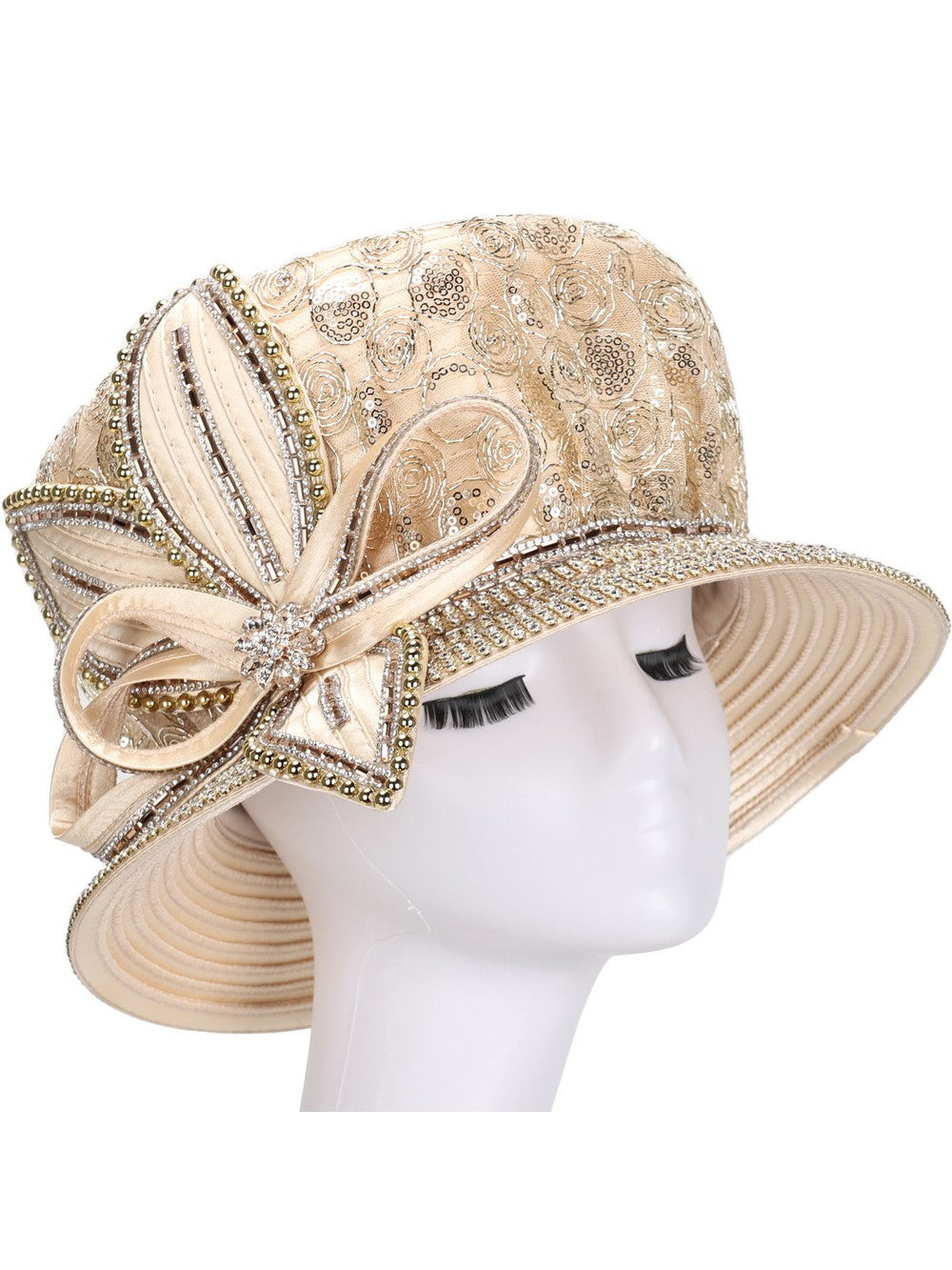 Lace Detail Rhinestone Bow Dress Hat