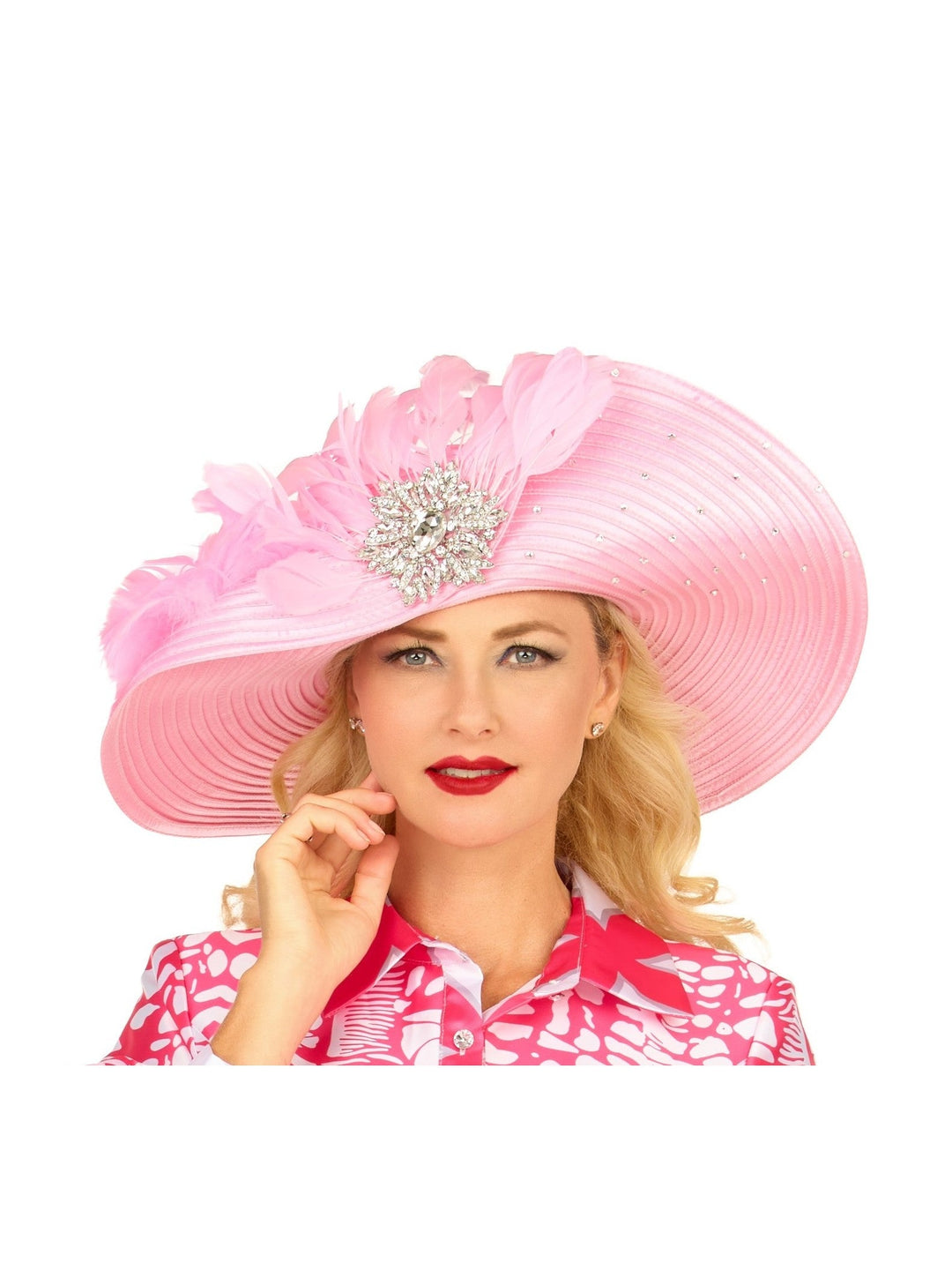 Wide Brim Embellished Hat w/ Feathers and Brooch