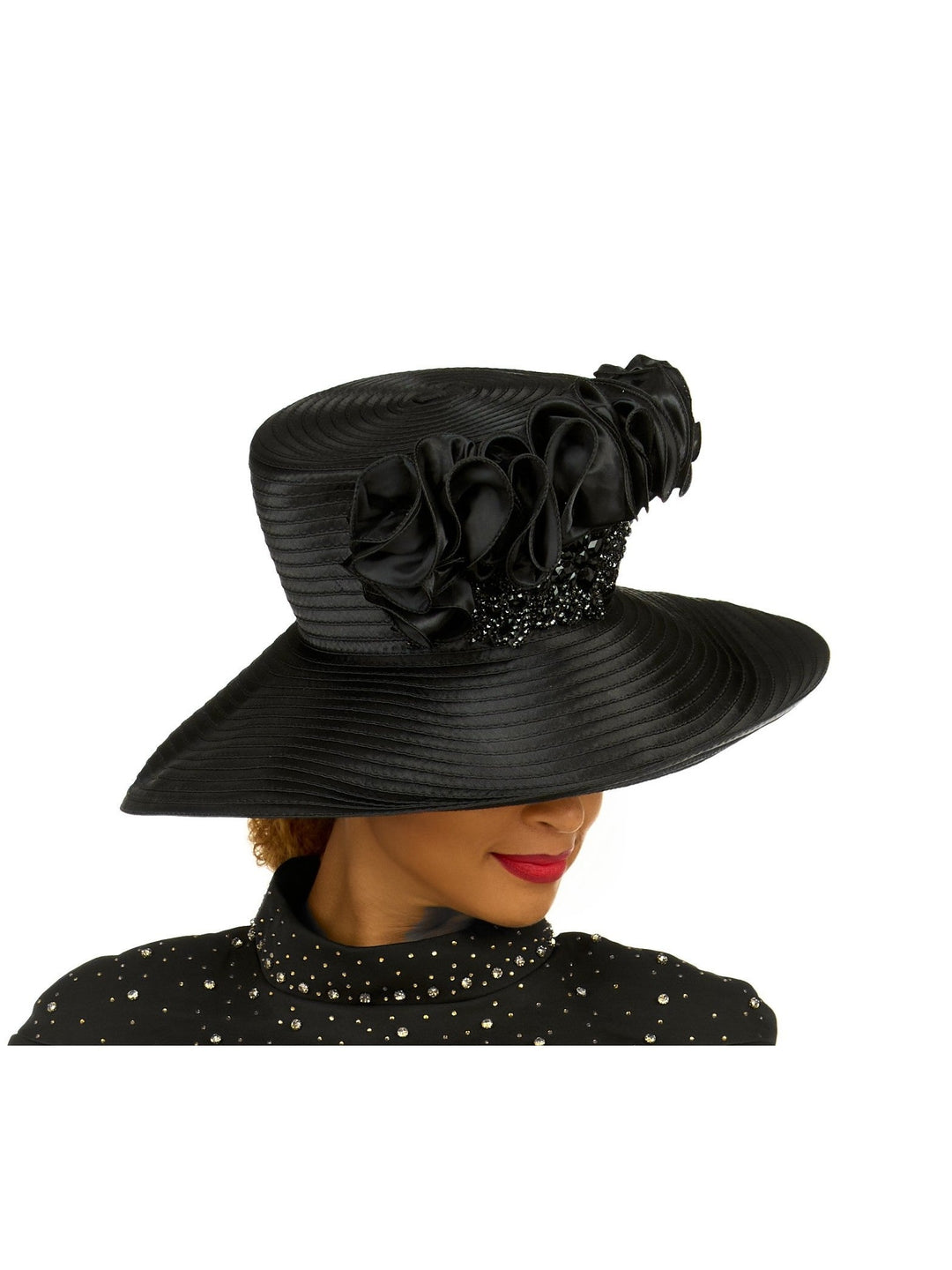 Ruffle Crown Wide Brim Hat w/ Beaded Sparkle Trim