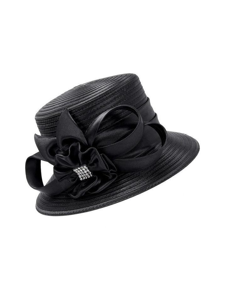 Small Brim Ribbon Hat w/ Stoned Satin Flower