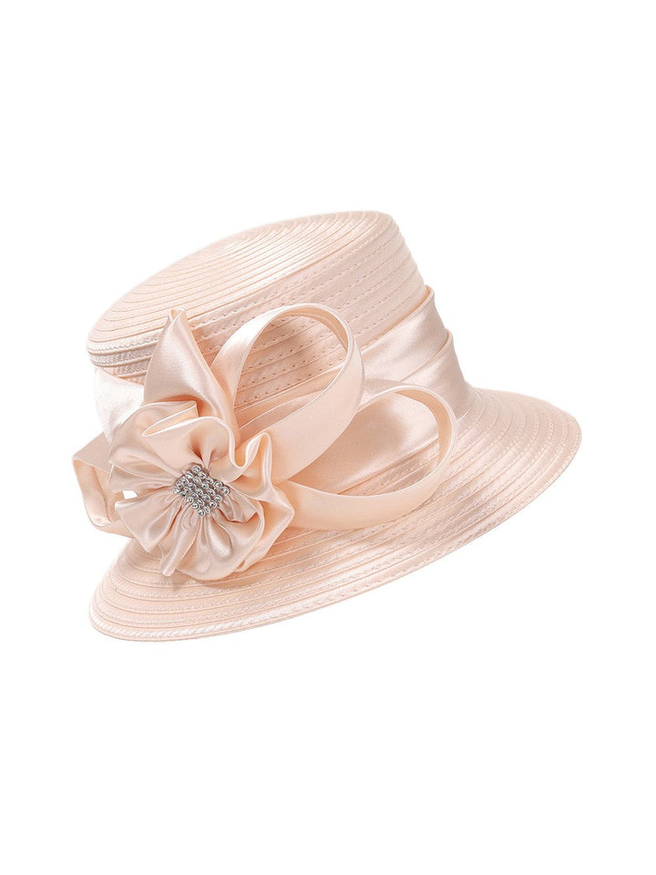 Small Brim Ribbon Hat w/ Stoned Satin Flower