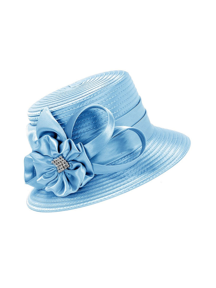 Small Brim Ribbon Hat w/ Stoned Satin Flower