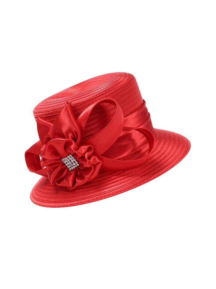 Small Brim Ribbon Hat w/ Stoned Satin Flower