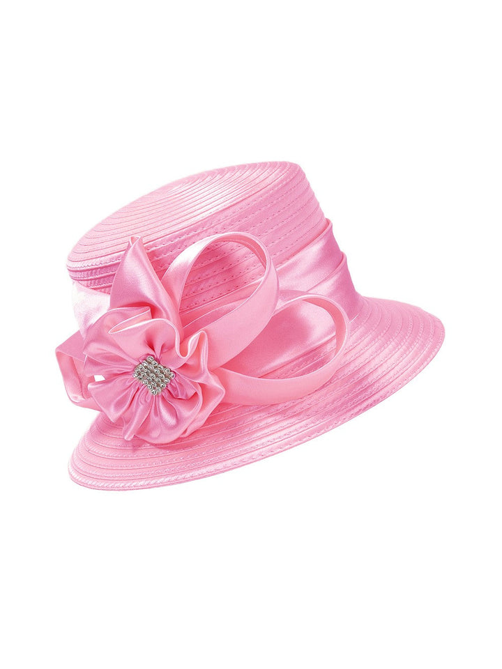 Small Brim Ribbon Hat w/ Stoned Satin Flower