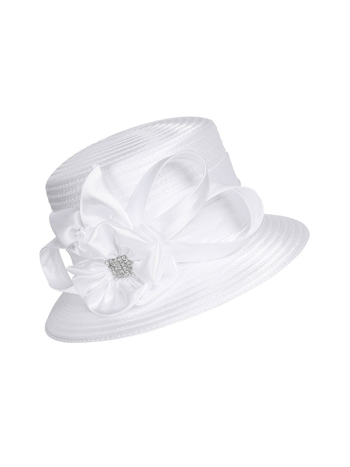 Small Brim Ribbon Hat w/ Stoned Satin Flower