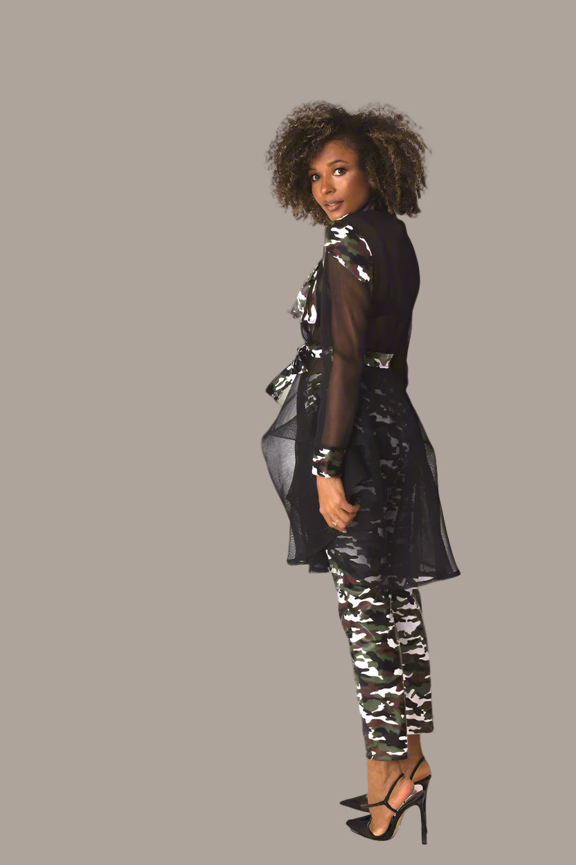 Net Mixed Media Jacket with Belt – Faux Leather Accents, Mid-Size | For Her NYC 81950
