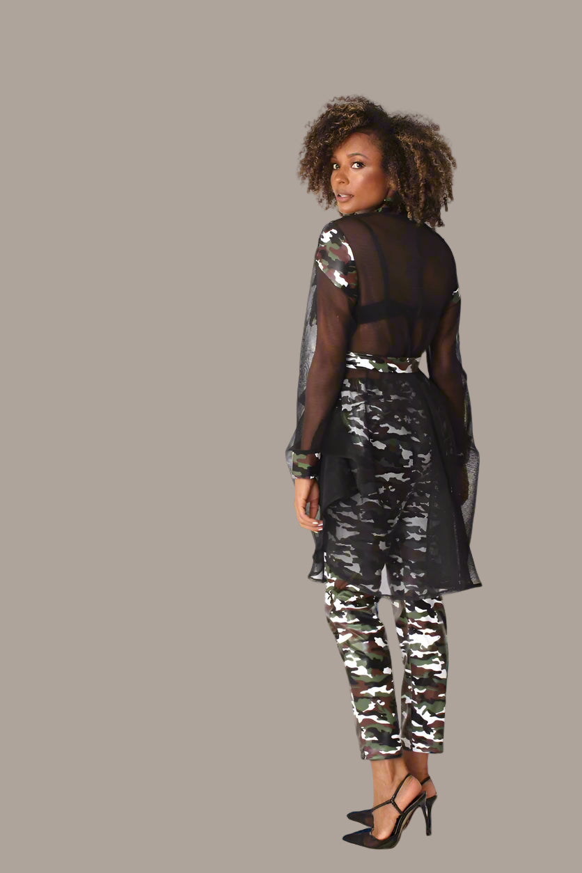 Net Mixed Media Jacket with Belt – Faux Leather Accents, Mid-Size | For Her NYC 81950