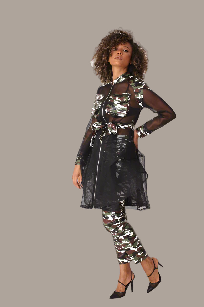 Net Mixed Media Jacket with Belt – Faux Leather Accents, Mid-Size | For Her NYC 81950