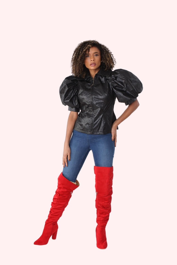 Puff Sleeve Faux Leather Jacket – Style 82014