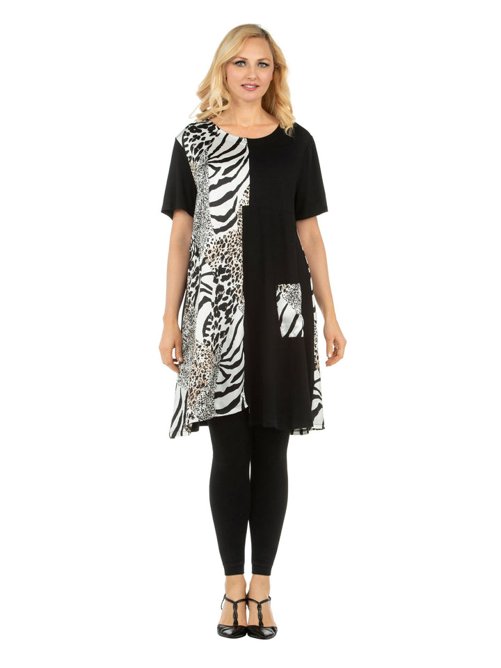 Short Slv Crew Neck Tunic Dress in Contrast Fabric