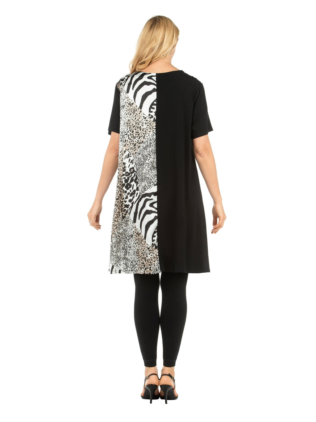 Short Slv Crew Neck Tunic Dress in Contrast Fabric