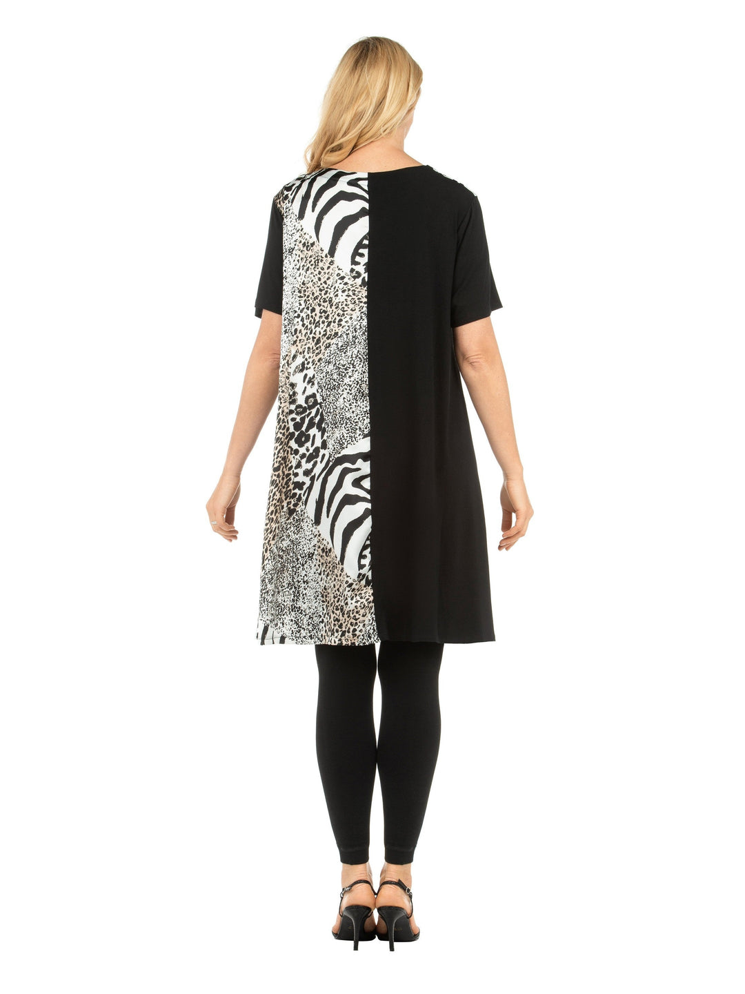 Short Slv Crew Neck Tunic Dress in Contrast Fabric