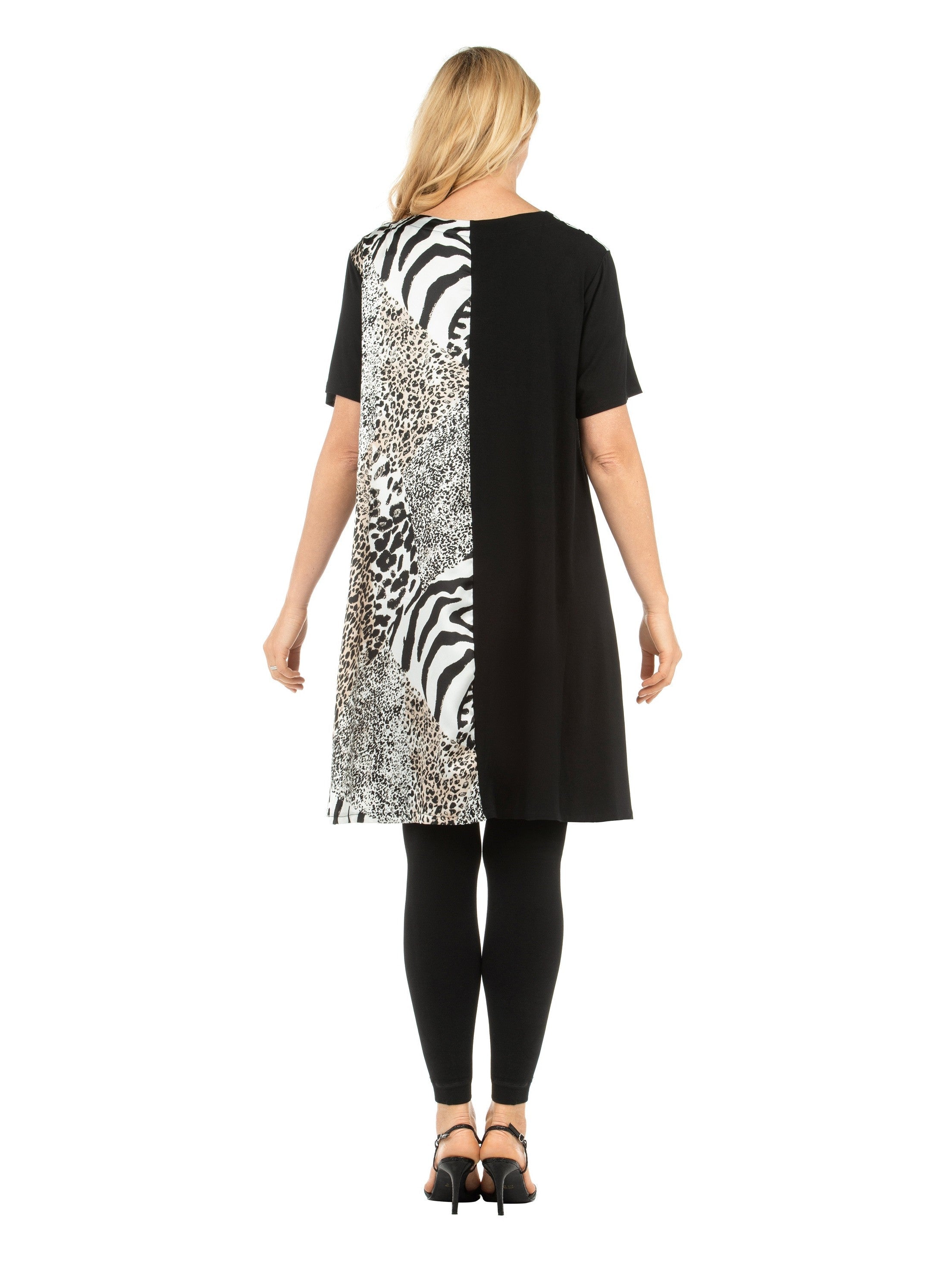 Short Slv Crew Neck Tunic Dress in Contrast Fabric