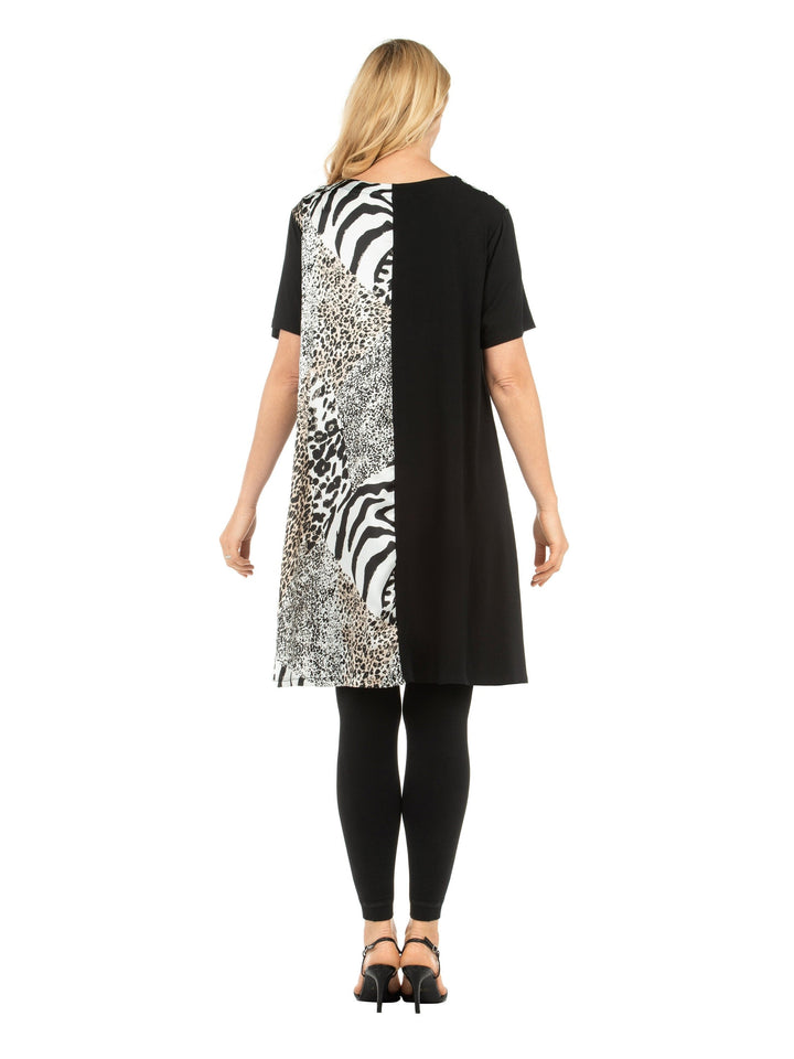 Short Slv Crew Neck Tunic Dress in Contrast Fabric