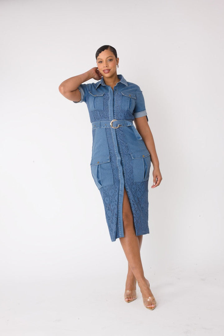 Lace Trimmed Denim Midi Dress - 82746