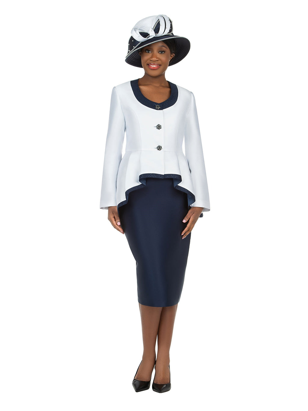 2pc Silky Twill Round Neck Uneven Peplum Suit-Plus