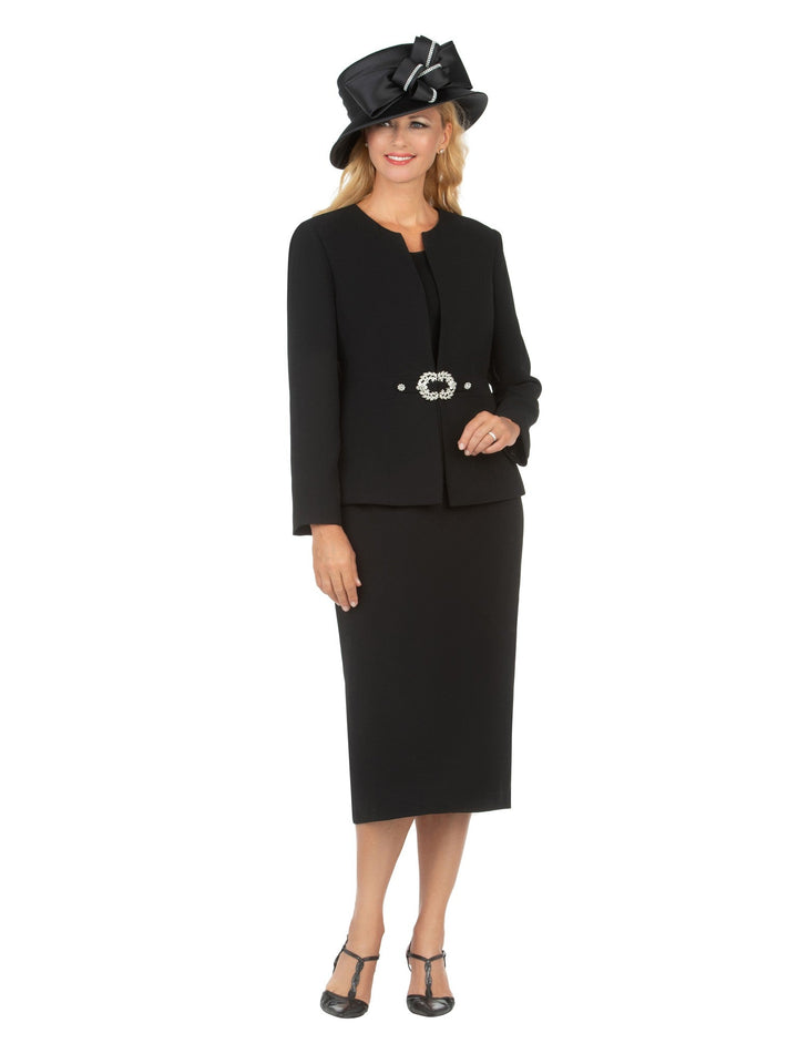 3pc Collarless Rhinestone Buckle Skirt Suit - Plus