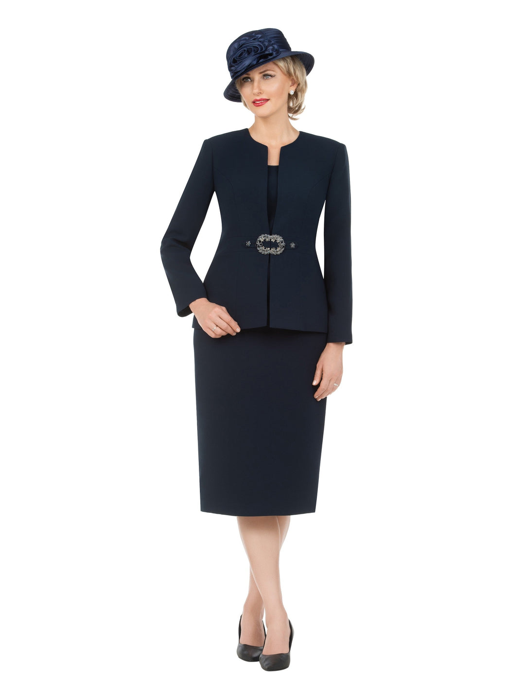 3pc Collarless Rhinestone Buckle Skirt Suit - Plus