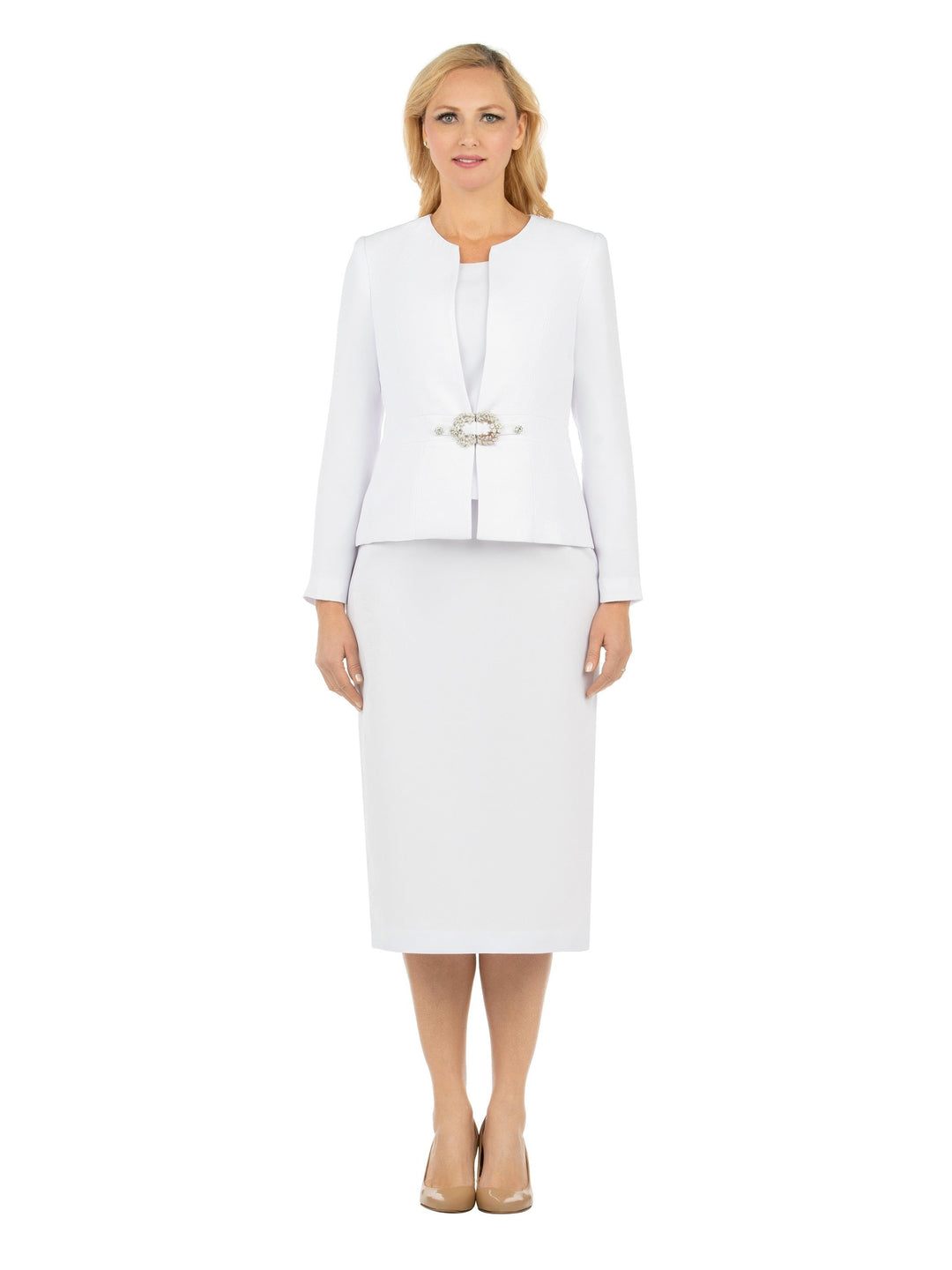 3pc Collarless Rhinestone Buckle Skirt Suit - Plus