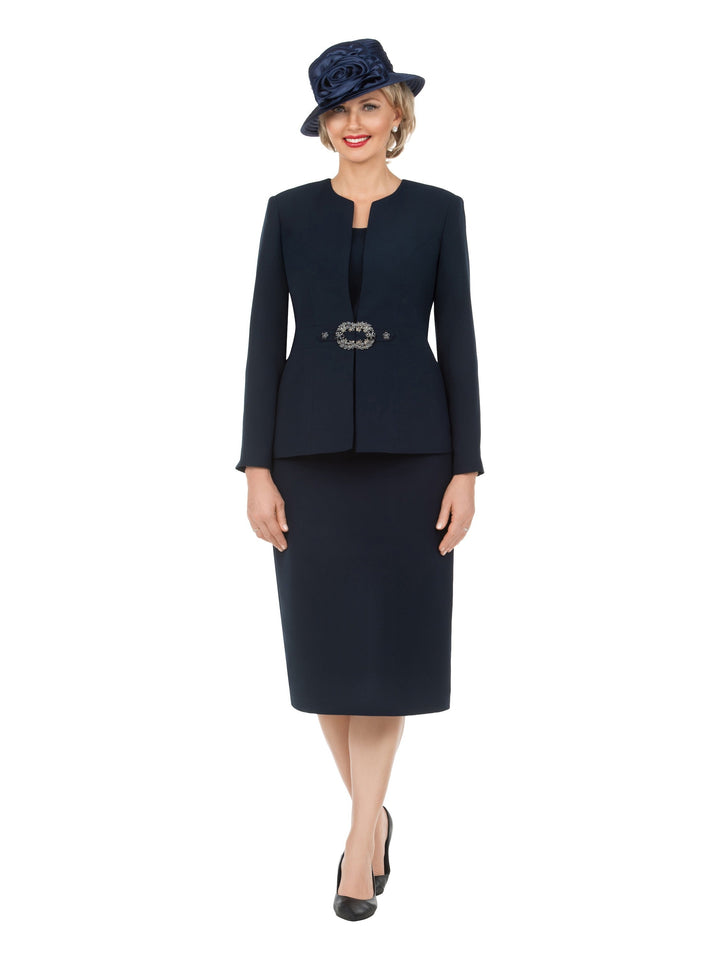 3pc Collarless Rhinestone Buckle Skirt Suit