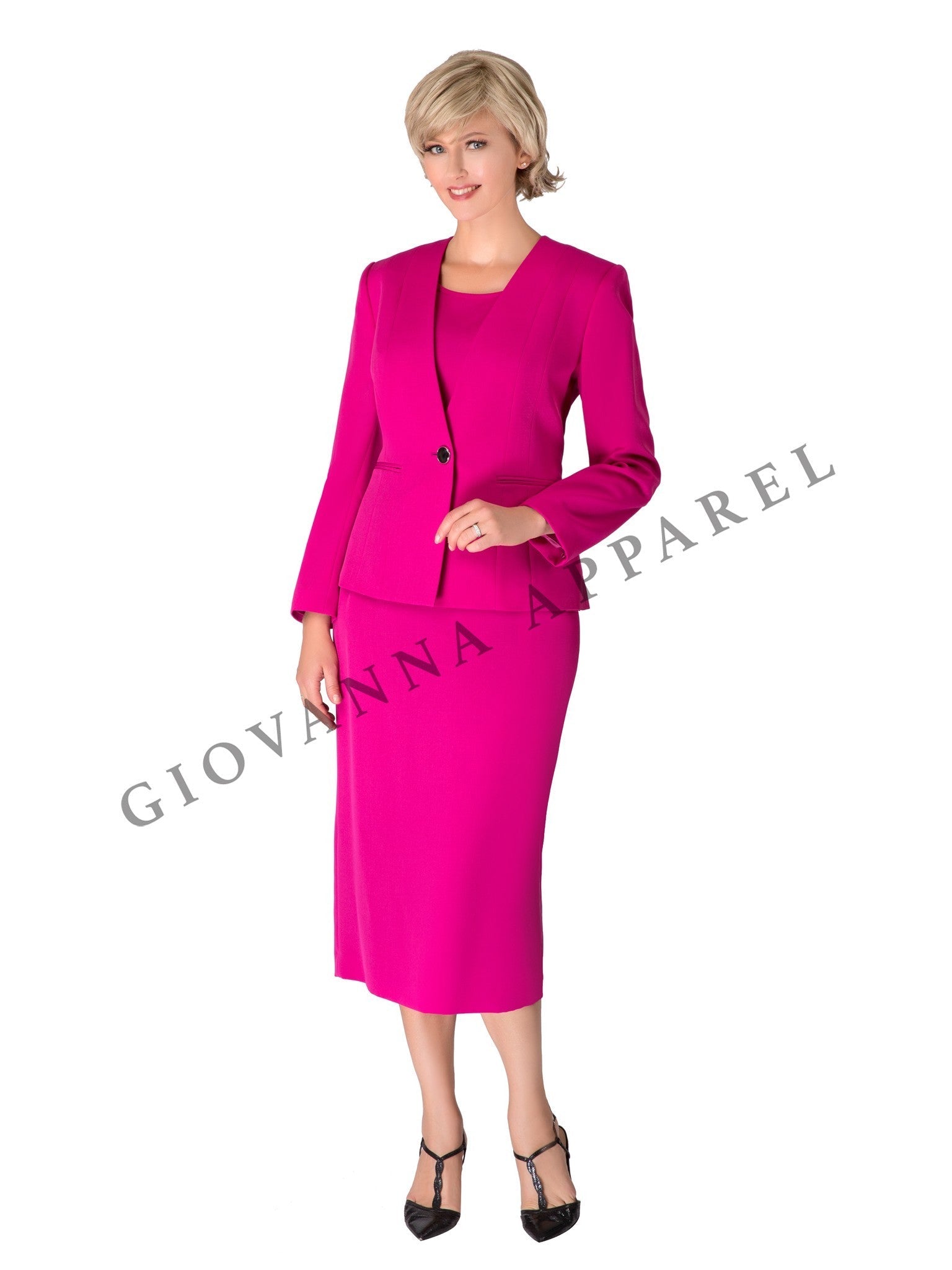 3pc Collarless Clean Lines Detailed Skirt Suit - Plus Size