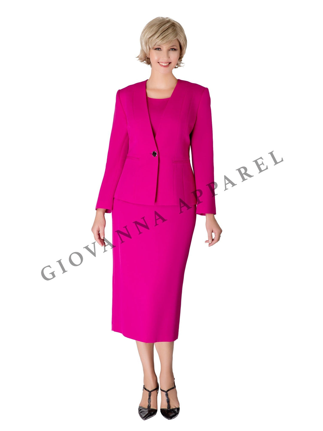 3pc Collarless Clean Lines Detailed Skirt Suit