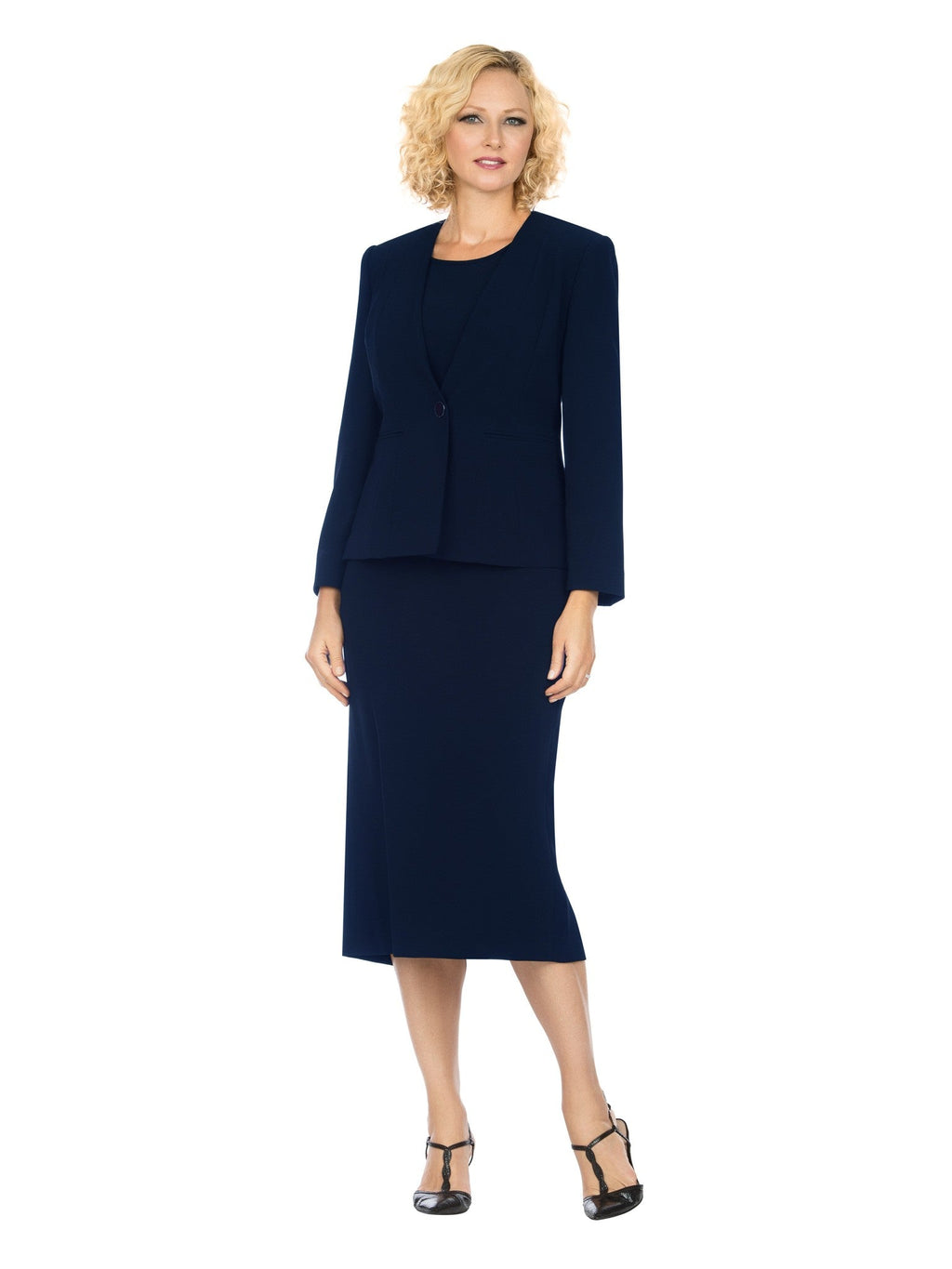 3pc Collarless Clean Lines Detailed Skirt Suit