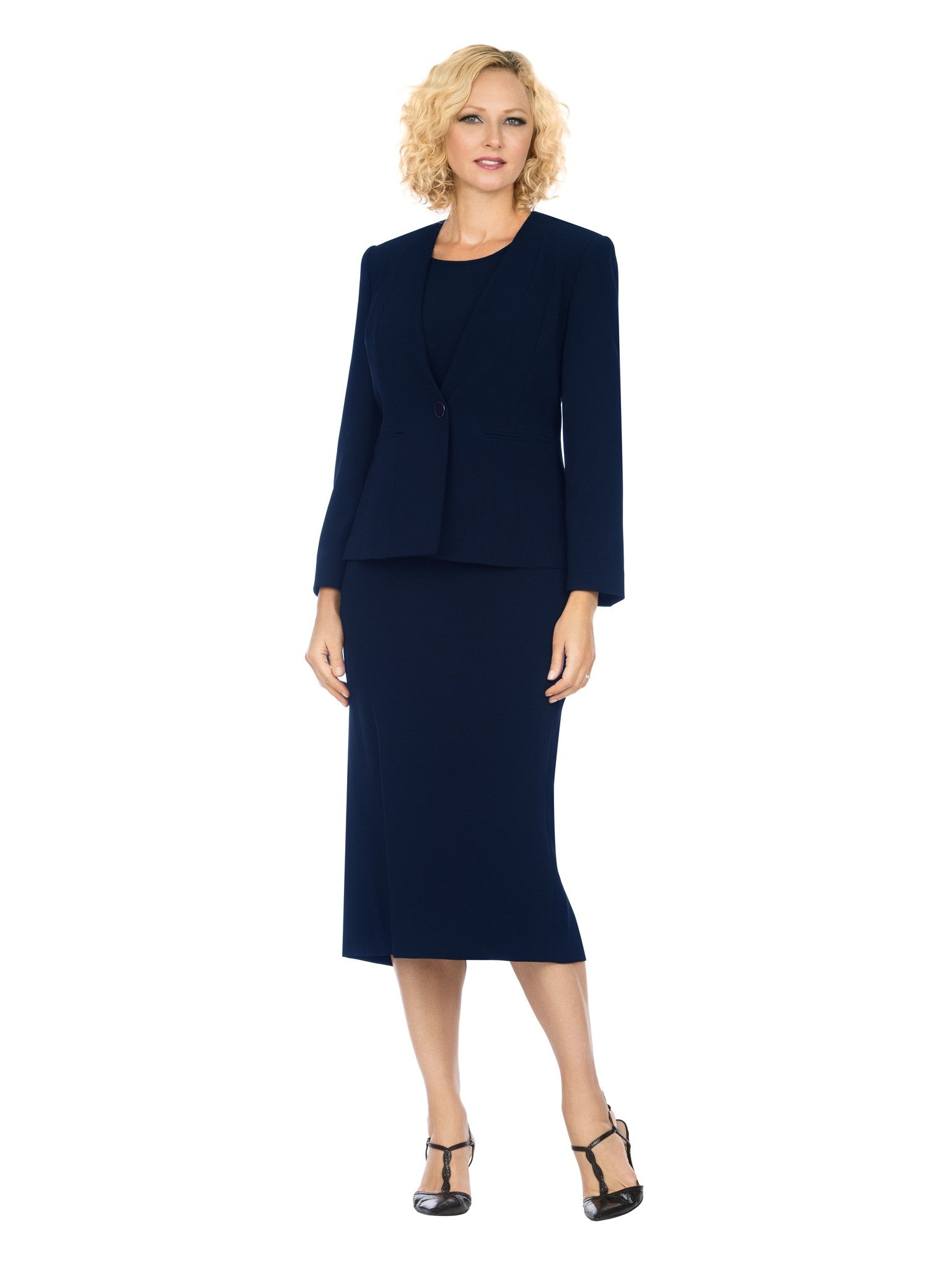 3pc Collarless Clean Lines Detailed Skirt Suit