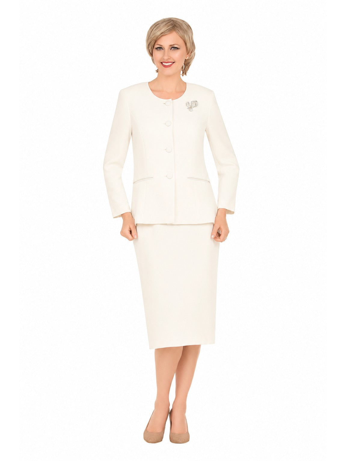 Classic Tailored 2pc Skirt Suit with Brooch-Plus