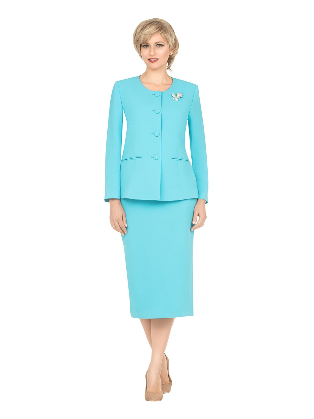 Classic Tailored 2pc Skirt Suit with Brooch-Plus
