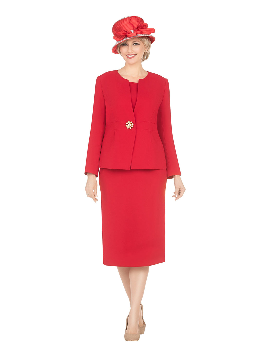 Timeless 3pc Skirt Suit with Jewel Brooch-Plus