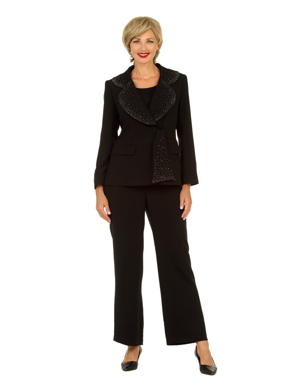 3pc Wide Collar Pants Suit with Rhinestone Detail