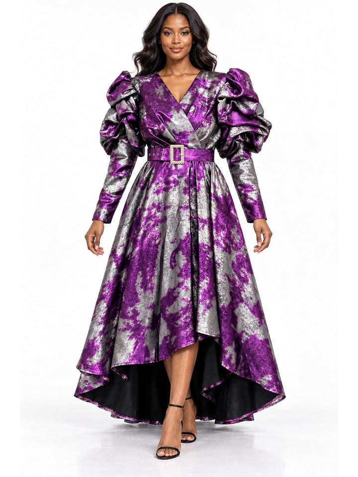 Metallic Puff-Sleeve Wrap V-neck High-Low Dress