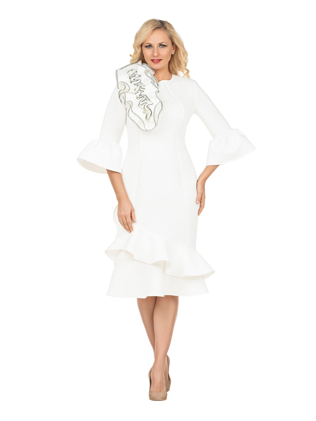 Elegant Scuba Flounce Dress with Sculpted Ruffle A