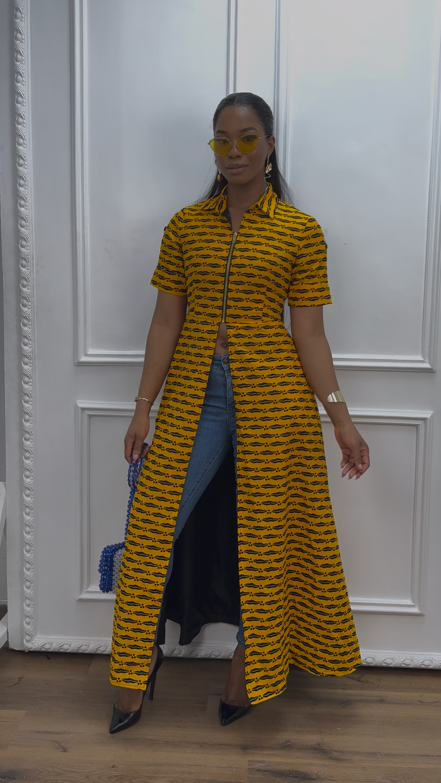 FOLA AFRICAN PRINT COLLARED ZIP FRONT TOP DRESS [YELLOW]