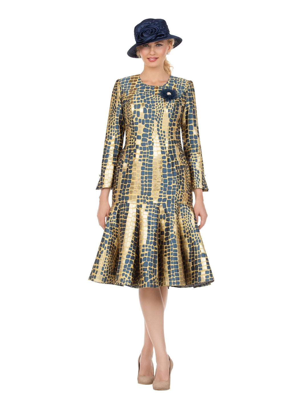 Metallic Mosaic Brocade Drop-Waist Flare Dress