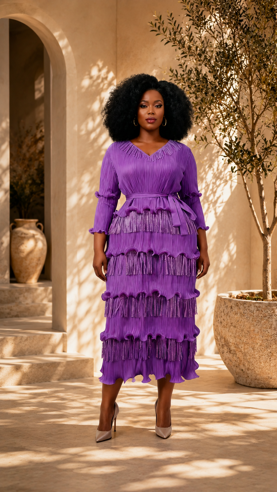 Tiered Fringe Pleated Midi Dress - 83011