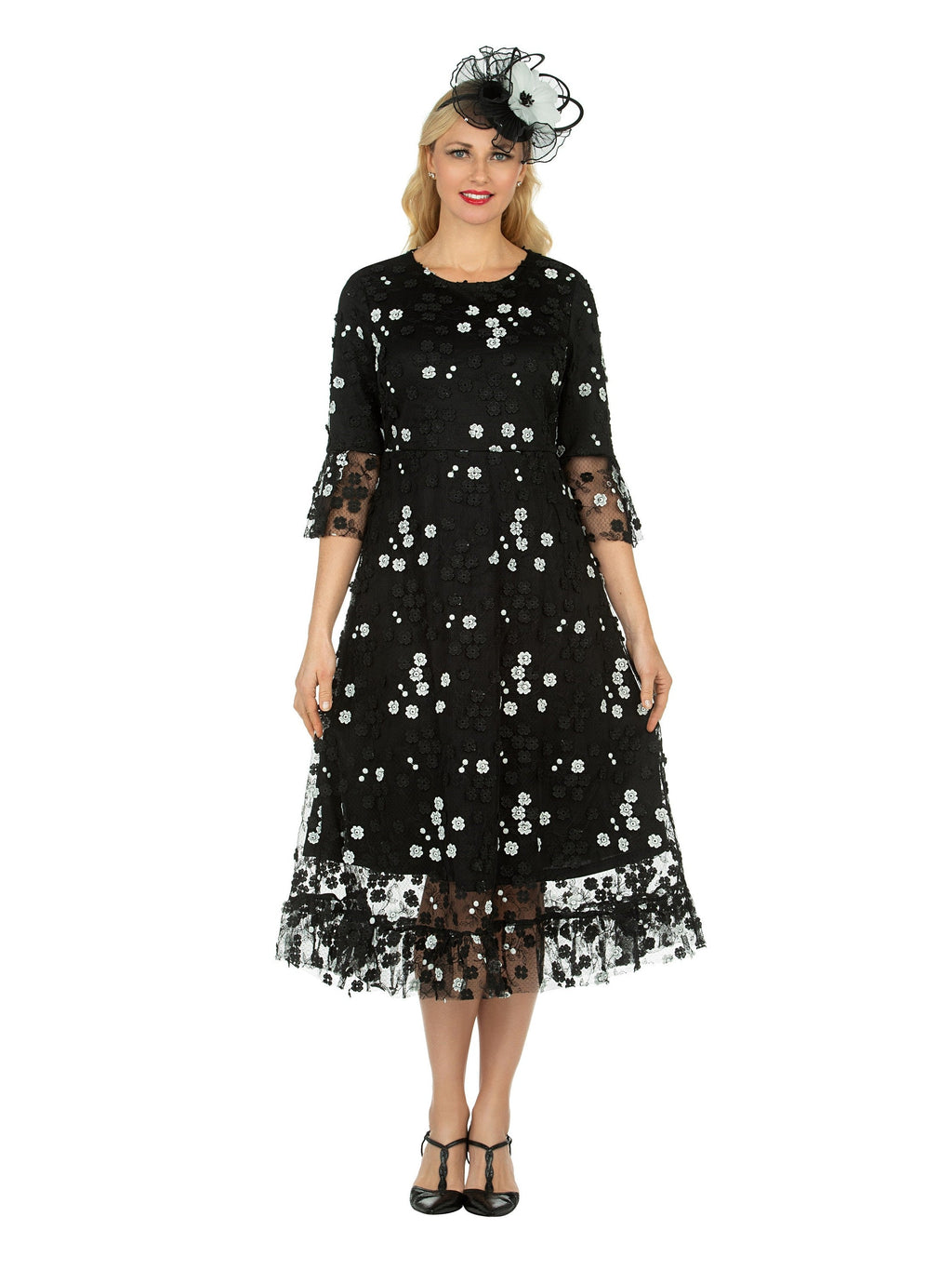 1pc Elbow Length Slv Black/White Lace Dress - Plus