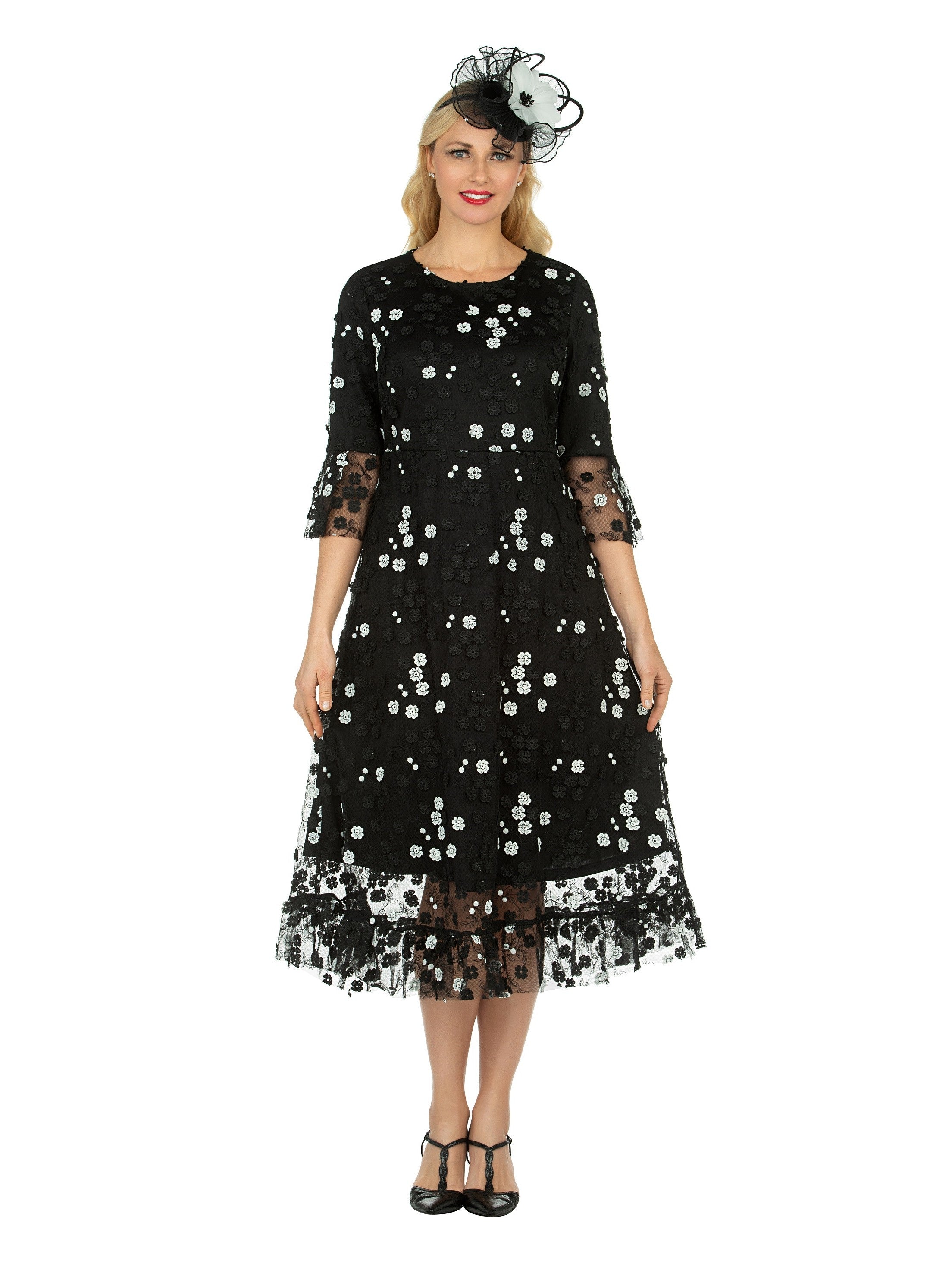 1pc Elbow Length Slv Black/White Lace Dress - Plus